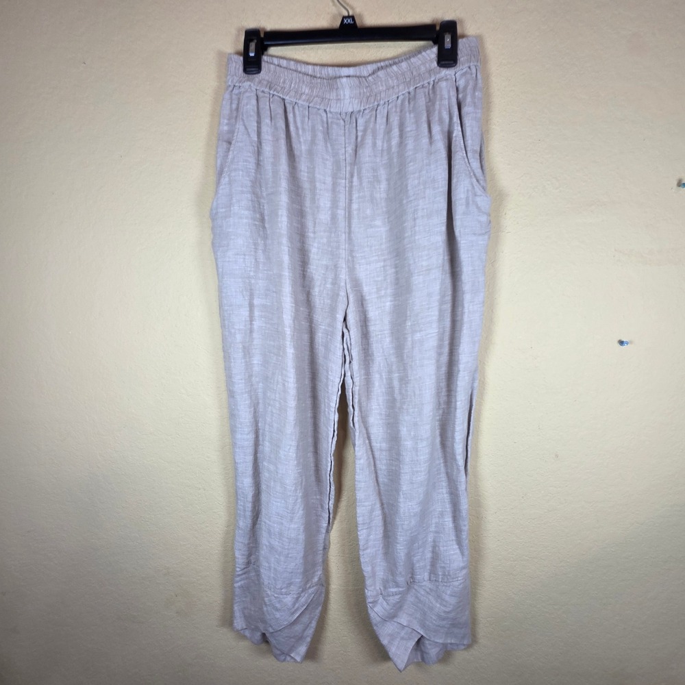 Yuvita 100% Linen Tulip Hem Cropped Pants Beige pull on boho hippi Lagenlook XL
